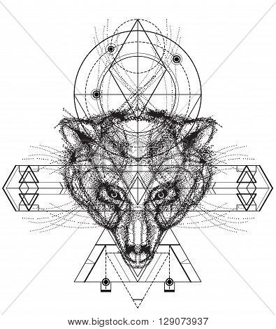 Front view of bear head doodle , geometric trendy line design. Vector illustration for tattoo or print.Abstract geometrical ethnic pattern.