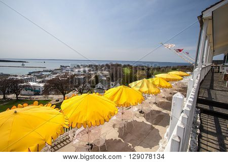Mackinaw Island, Michigan, USA - May 6, 2016:  The Fort Mackinaw Tea Room located within the historical fort. The upscale restaurant overlooks the Straits of Mackinac and is operated by the Grand Hotel.