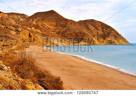 a view of the Algarrobico Beach, in Carboneras, in the Cabo de Gata-Nijar Natural Park, in the Province of Almeria, in Spain
