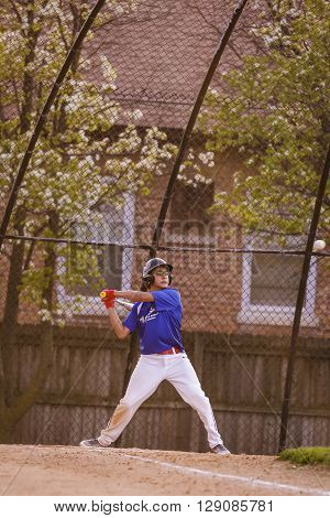Morton Grove, IL, USA - 05.06.2106. Youth Baseball Match between Norwood Park Team and Morton Grove Park Team took place in Morton Grove, IL on 05.06.2016