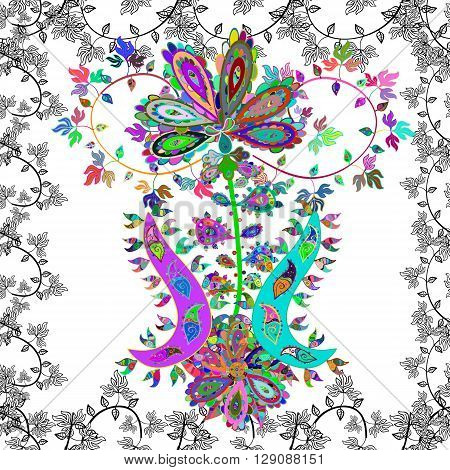 seamless pattern of colorful flowers on a white background, leaves and branch. Vector illustration.