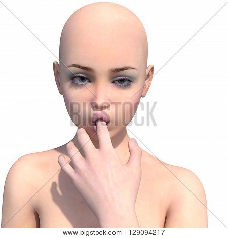 A young and bald girl flirts in front of the camera. The finger in the mouth. White background. 3D rendering, 3D illustration