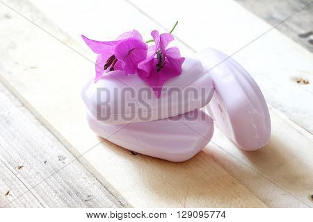 Stacked of Purple soap bar on wooden palette