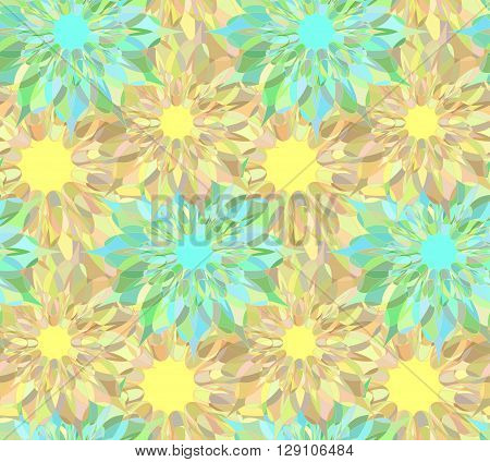 Seamless floral pattern with yellow and cyan guilloche flowers. Colorful crystal seamless guilloche pattern or background. Vector illustration