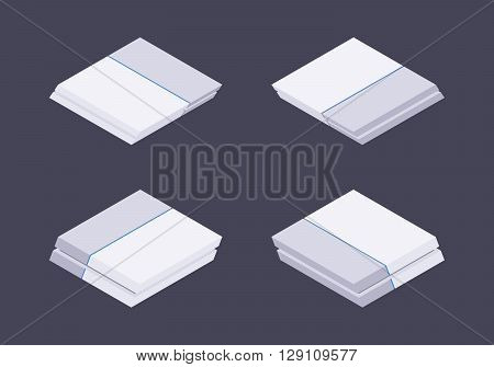 Set of the isometric white nextgen gaming consoles. The objects are isolated against the dark-violet background and shown from different sides