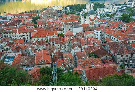 Top view of buildings in Kotor old town Montenegro Balkans
