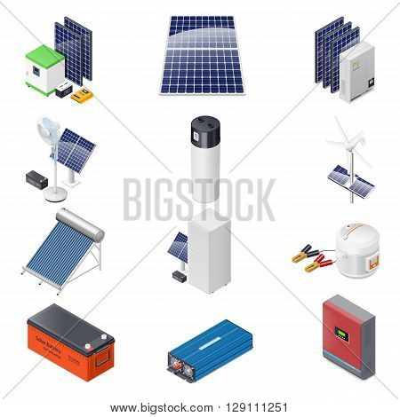 Home solar energy equipment isometric icon set vector graphic illustration