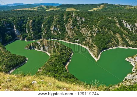 Meanders at rocky river Uvac gorge on sunny morning, southwest Serbia