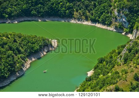 Detail of meanders at rocky river Uvac gorge on sunny morning, southwest Serbia