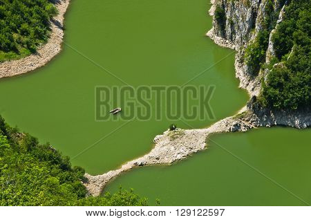 Detail of meanders at rocky river Uvac gorge on sunny morning, southwest Serbia