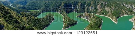 Meanders at rocky river Uvac gorge on sunny morning, southwest Serbia