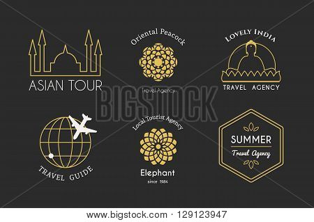 Asian travel logo templates set. Vector ethnic ornamental design for travel agencies, tourist offices, local guides, booking and rental services.