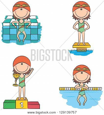 Cute vector swimmer girls in different situations: relax in the pool on the starting platform on the winner's podium with the cup resting on the lane dividing rope
