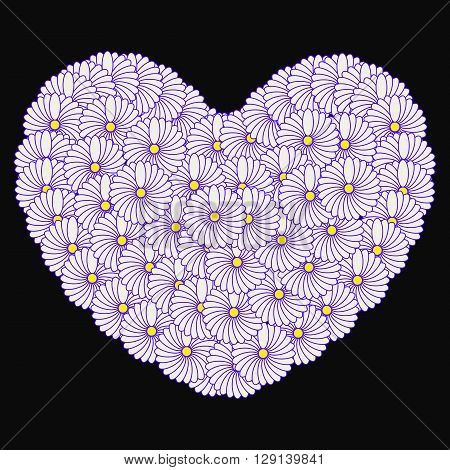 Postcard heart of flowers on a black background