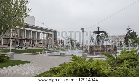 ROSTOV-ON-DON RUSSIA- MAY 01- Theater Square with a fountain in the center.Sculptor E.Vucetich on May 012015 in Rostov-on-Don