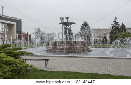 ROSTOV-ON-DON RUSSIA- MAY 01- Theater Square with a fountain in the center.Sculptor E.Vucetich on May 012015 in Rostov-on-Don