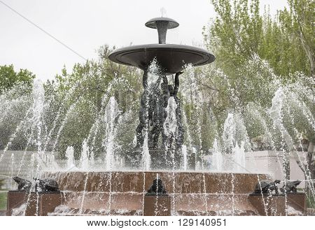 ROSTOV-ON-DON RUSSIA- MAY 01- Theater Square with a fountain in the center.Sculptor E.Vucetich on May 012015 in Rostov-on-Don