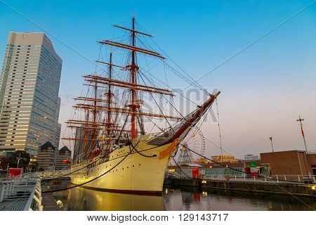 YOKOHAMA JAPAN - NOVEMBER 24 2015: Nippon Maru was built in 1930 a retired sailing ship which permanently docked at Minato Mirai and opened to the public as Yokohama Port Museum