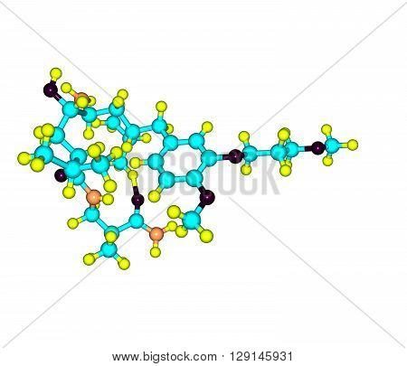 Molecular model of the antihypertensive drug Aliskiren used to treat high blood pressure. 3d illustration