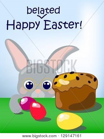Rabbit and eggs for Easter, Happy belated Easter postcard, vector illustration for Easter, Happy Easter postcard, spring holidays illustration, hand-drawn easter bunny, easter bakery and colored eggs