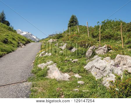 A view of Alpine mountains surrounding the village Schroecken in Bregenzerwald region Vorarlberg Austria