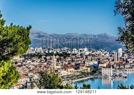 View from Marjan hill at Split town during sunny warm day, Croatia Europe. Split is touristic place on Adriatic sea.