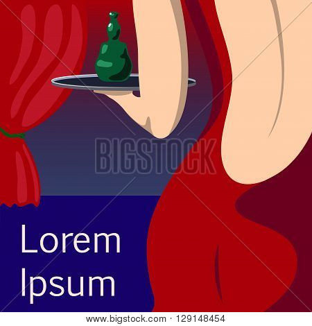Pretty woman waitress in red evening dress vector illustration with place for text, woman in open back dress, sensual girl in evening dress, sexy waitress, bar girl with green bottle