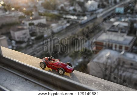 Scale model of famous race car of the 50's at the sunset