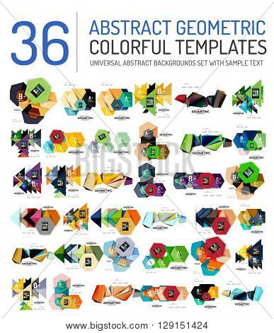 Collection of abstract backgrounds - colorful textured glossy geometric shape compositions with infographics option sample text, repetition of elements. Colorful geometric universal template, bright