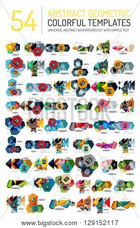 Collection of abstract backgrounds - colorful textured glossy geometric shape compositions with infographics option sample text, repetition of elements. Colorful geometric universal template, bright