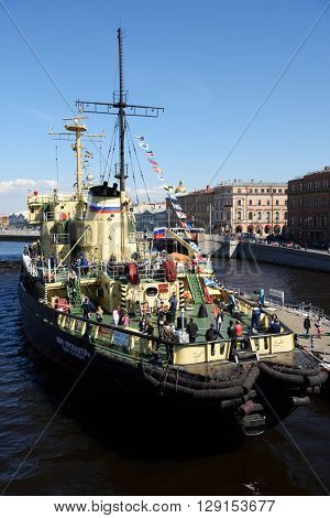 ST. PETERSBURG, RUSSIA - MAY 2, 2016: People at the oldest operating Russian icebreaker Ivan Krusenstern during 3rd Icebreaker Festival. It's unique fest dedicated to icebreaker fleet