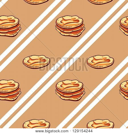 Seamless pattern made from hand drawn bread and text on brown background. Vector illustration.