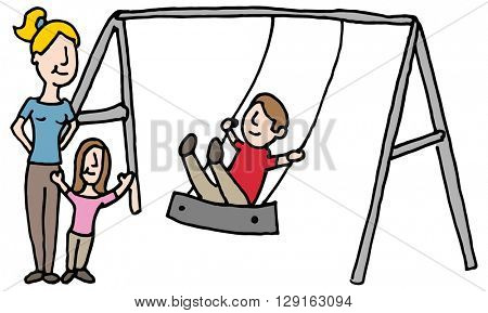 An image of a baby sitter with kids on swing set.