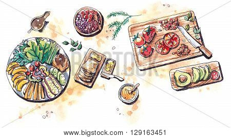Healthy Food Vegetble Fruits And Salad Flat Lay Watercolor Illustration