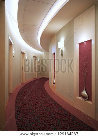 Round hotel corridor in art deco style. Floating suspended ceiling with neon lights. Wall wooden molding beautiful ornament decor. 3D render