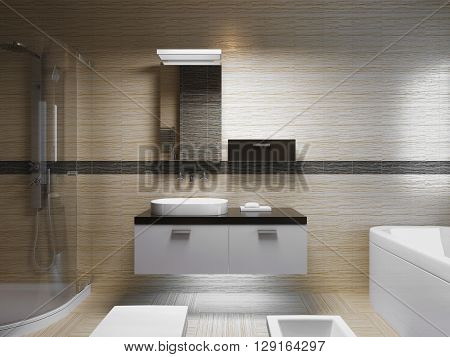 Beautiful bathroom interior evening light. Front view on sink console with mirror. 3D render