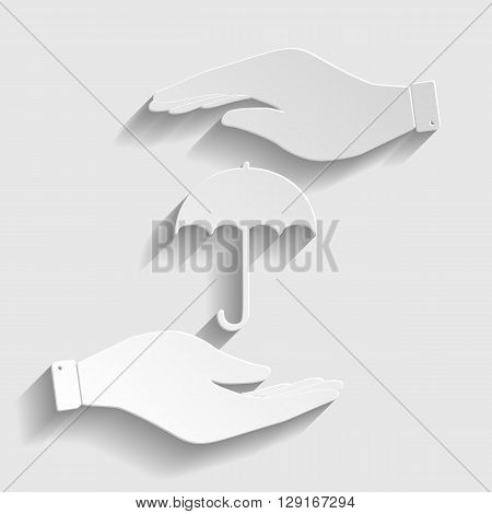 Umbrella sign icon. Rain protection symbol. Save or protect symbol by hands. Paper style icon with shadow on gray.