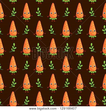 Vector seamless pattern with cute Carrots on dark background. Cartoon vegetable character Carrot.