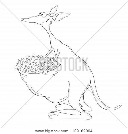 Kangaroo cartoon character with flowers in the bag