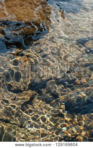Reflection of sunlight on the underwater stones and rocks of Reshi river. Reshi is one of the most famous rivers of Sikkim flowing through the Himalayan state and serving water to many local people.