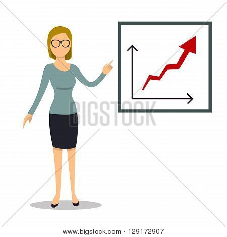 Businesswoman character showing a chart presentation with board screen sign isolated vector illustration