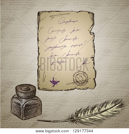Goose feather elegant old-fashioned decorative inkpot old paper with inscription. Vintage background. Hand drawn vector
