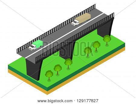 Isometric bridge. Commercial transport. Various types of load and cargo. Logistics. Flat 3d Vector isometric illustration.