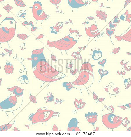vector seamless pattern with birds and flowers