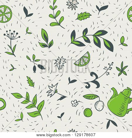 seamless pattern with teapot and floral elements