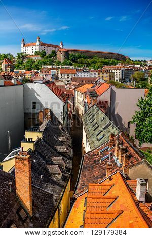 View on Bratislava castle and Bastova street with old houses from Michael's watch tower in Bratislava, Slovakia
