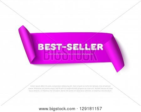 Lilac vector curved paper ribbon banner with rolls and inscription isolated on white. Realistic vector paper template for sale promo and advertising. Horizontal paper ribbon web banner