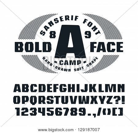 Sanserif font with hand-drawn soft shape. Font design for t-shirt. Isolated on white background
