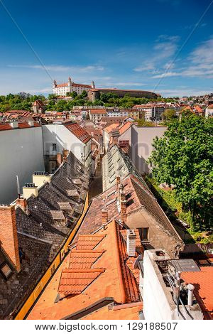 View on Bratislava castle and Bastova street with old houses from Michael's watch tower in Bratislava, Slovakia