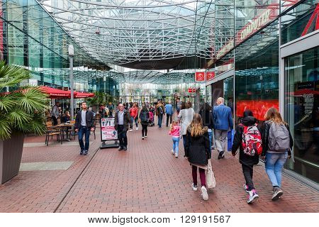 Zoetermeer Netherlands - April 22 2016: shopping center Spazio with unidentified people. From villages with 10000 inhabitants Zoetermeer grew up after 1962 to a city with 100.000 inhabitants 1991